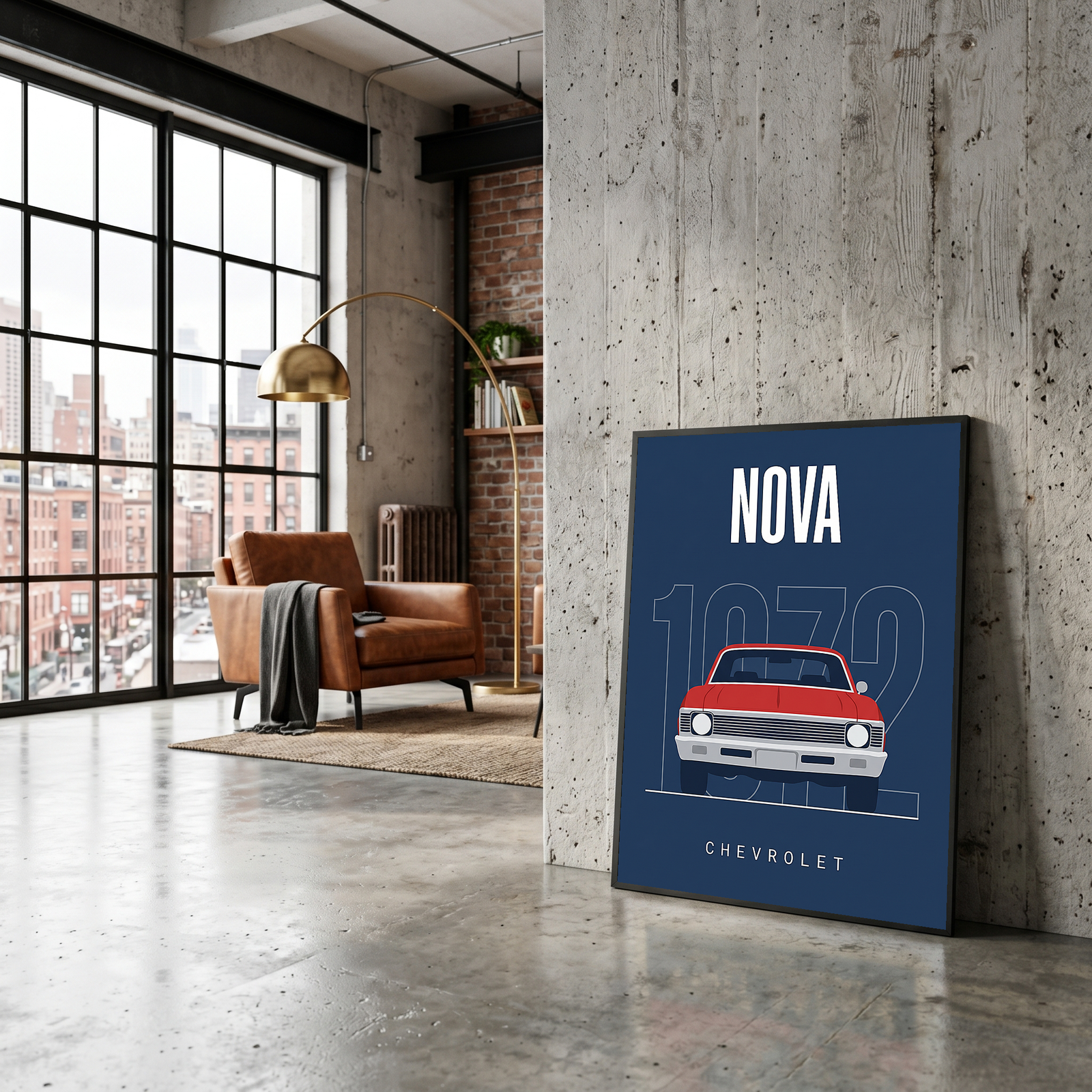 Chevrolet Nova 1972 Minimalist Poster — Red on Navy Compact Muscle Line Art