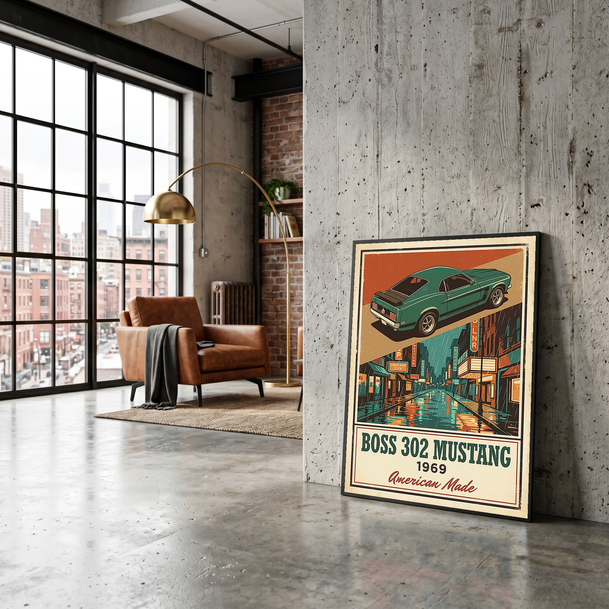 Boss 302 Mustang 1969 V2 Poster — Vintage Muscle Rainy Cinema Street Print