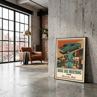 Boss 302 Mustang 1969 V2 Poster — Vintage Muscle Rainy Cinema Street Print