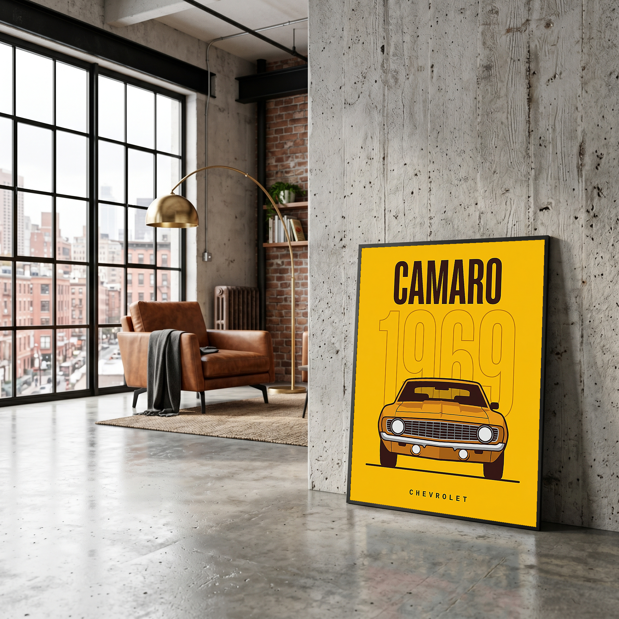 Chevrolet Camaro 1969 V2 Yellow Minimalist Poster — Muscle Car Line Art