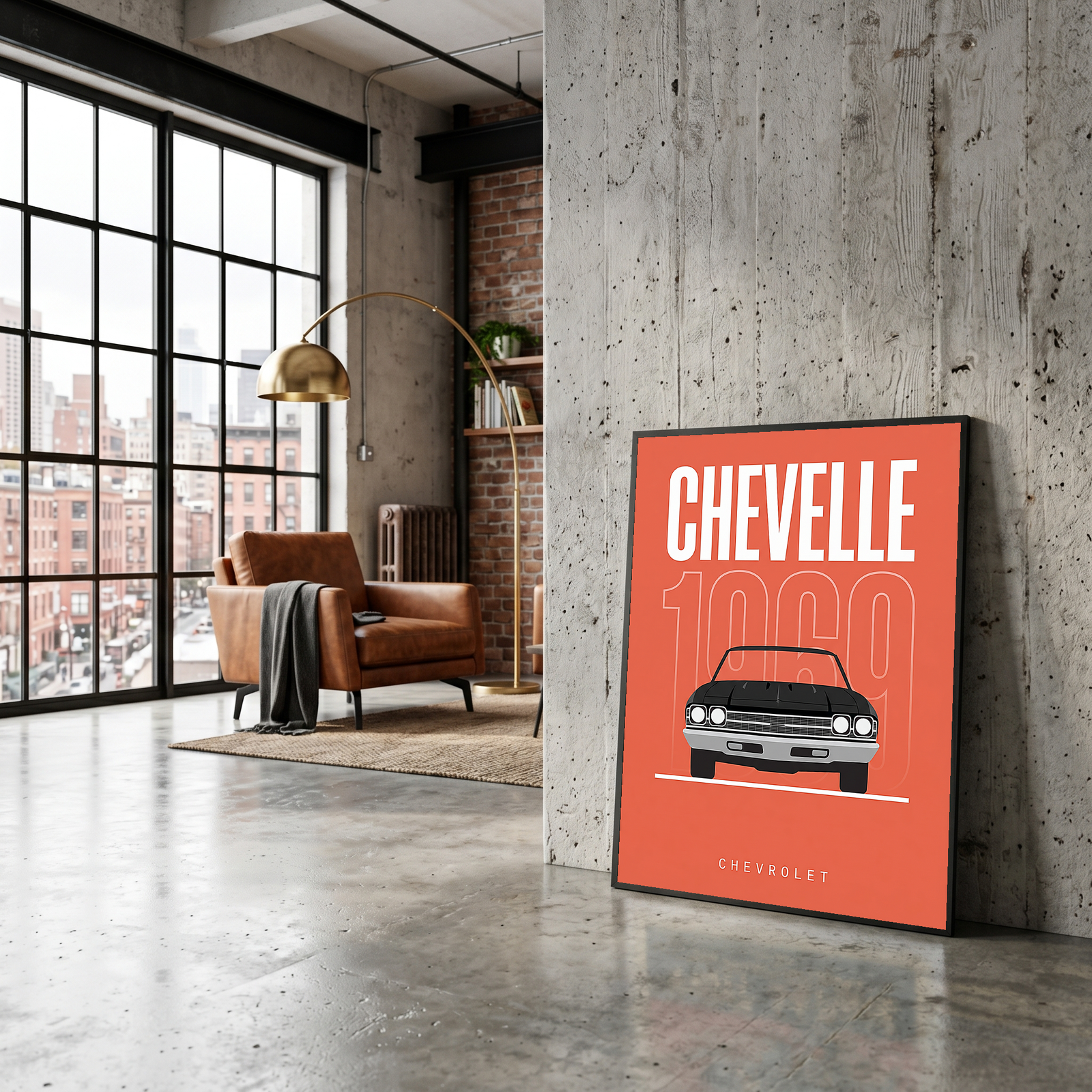 Chevrolet Chevelle 1969 Minimalist Poster — Coral Convertible Muscle Line Art
