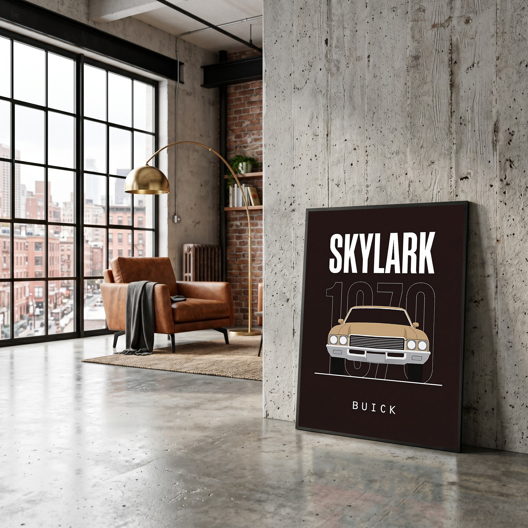 Buick Skylark 1970 Minimalist Poster — Tan on Espresso Muscle Car Line Art