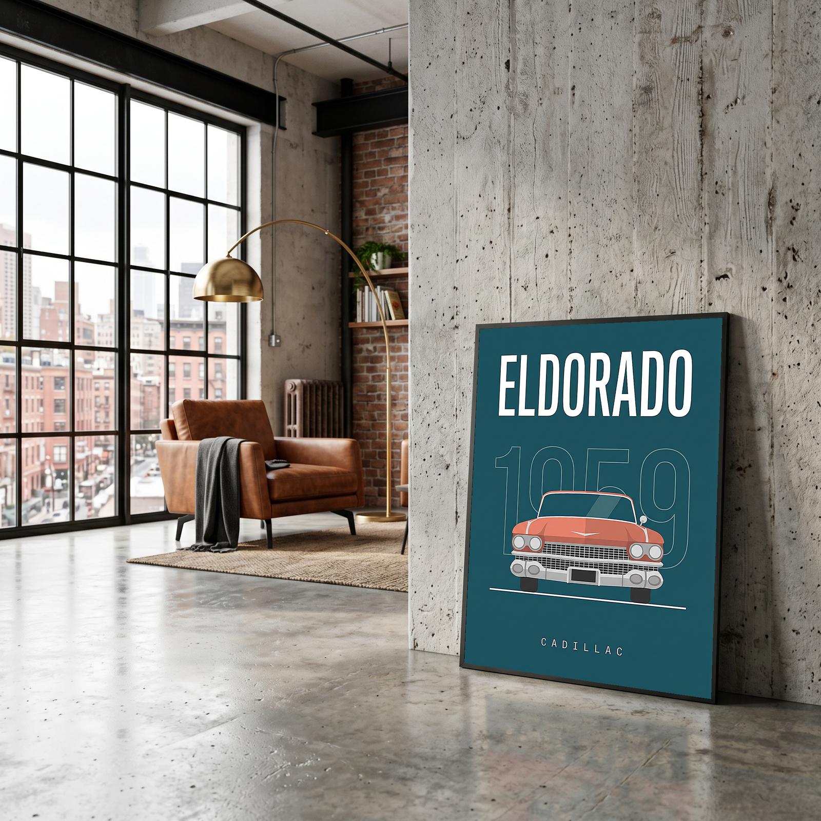 Cadillac Eldorado 1959 Minimalist Poster — Teal Tail-Fin Classic Line Art