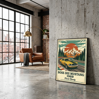 Boss 302 Mustang 1969 Poster — Vintage Muscle Car Race Track Print