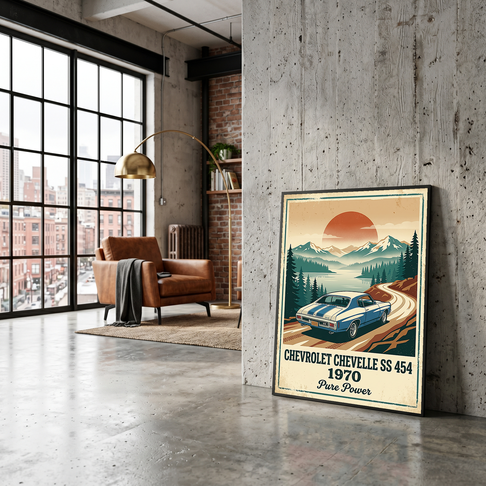 Chevrolet Chevelle SS 454 1970 Sky Blue Poster — Vintage Muscle Car Mountain Lake Print