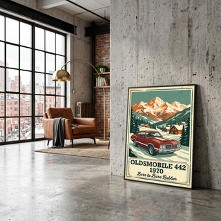 Oldsmobile 442 1970 V2 Poster — Vintage Muscle Winter Alpine Village Print
