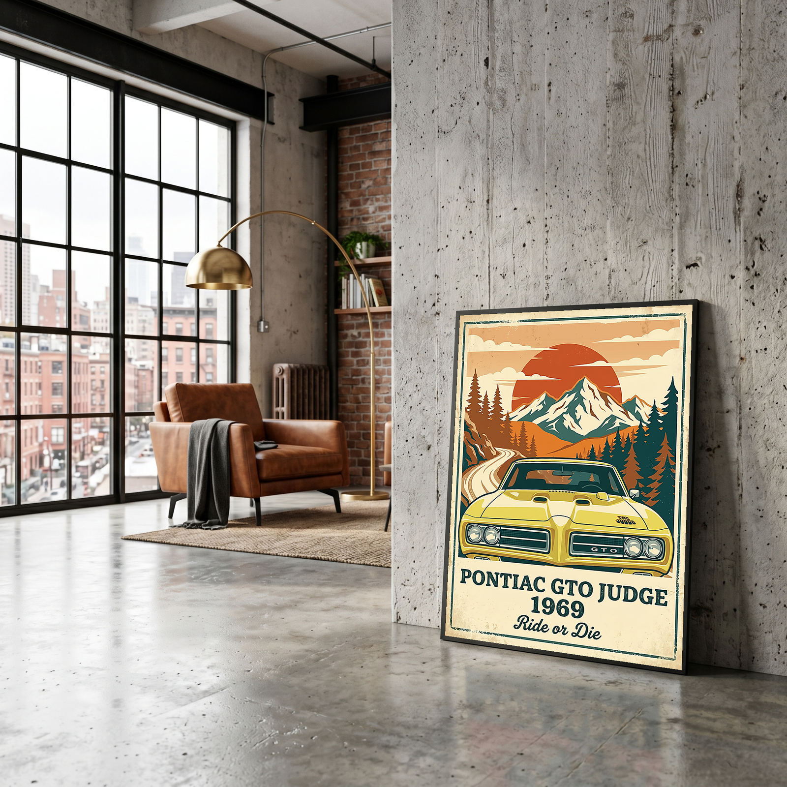 Pontiac GTO Judge 1969 Poster — Vintage Muscle Car Mountain Sunset Print
