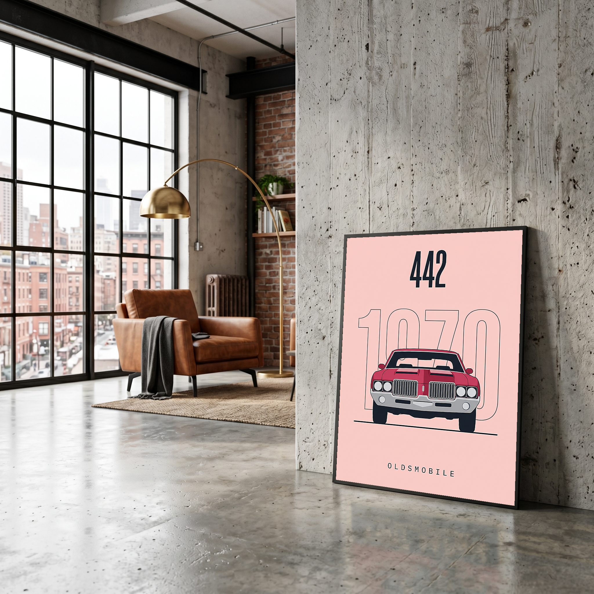 Oldsmobile 442 1970 Minimalist Poster — Blush Pink Muscle Car Line Art