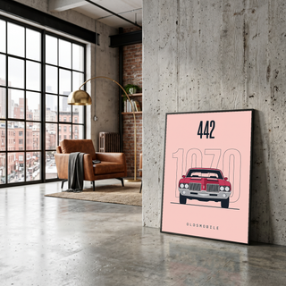 Oldsmobile 442 1970 Minimalist Poster — Blush Pink Muscle Car Line Art