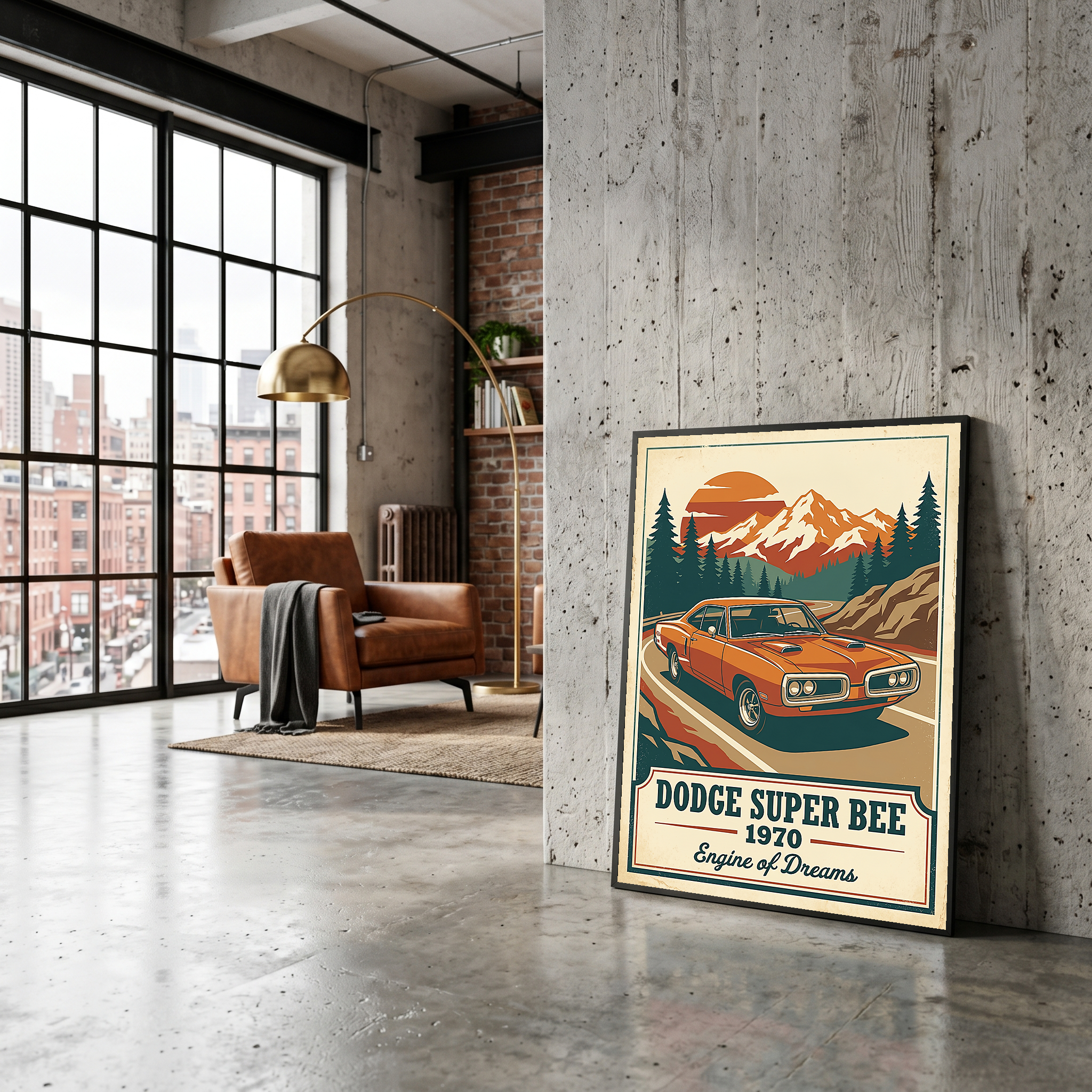 Dodge Super Bee 1970 V2 Poster — Vintage Muscle Mountain Pine Sunset Print