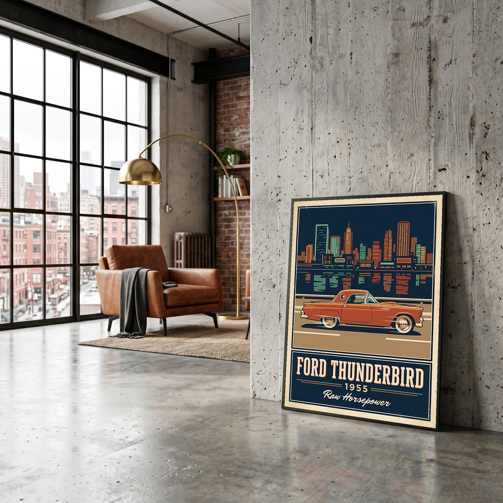 Ford Thunderbird 1955 Poster — Vintage Two-Seater Convertible City Skyline Print