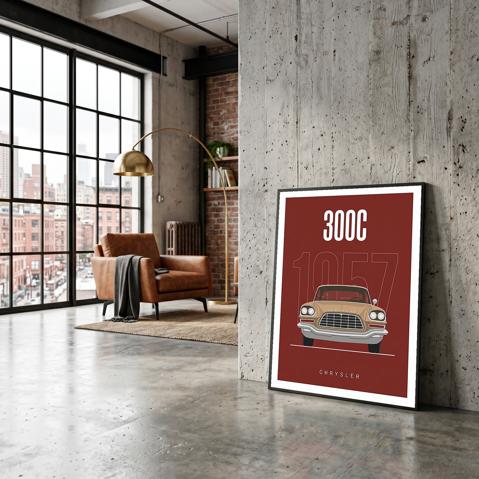 Chrysler 300C 1957 Minimalist Poster — Crimson Letter Series Line Art