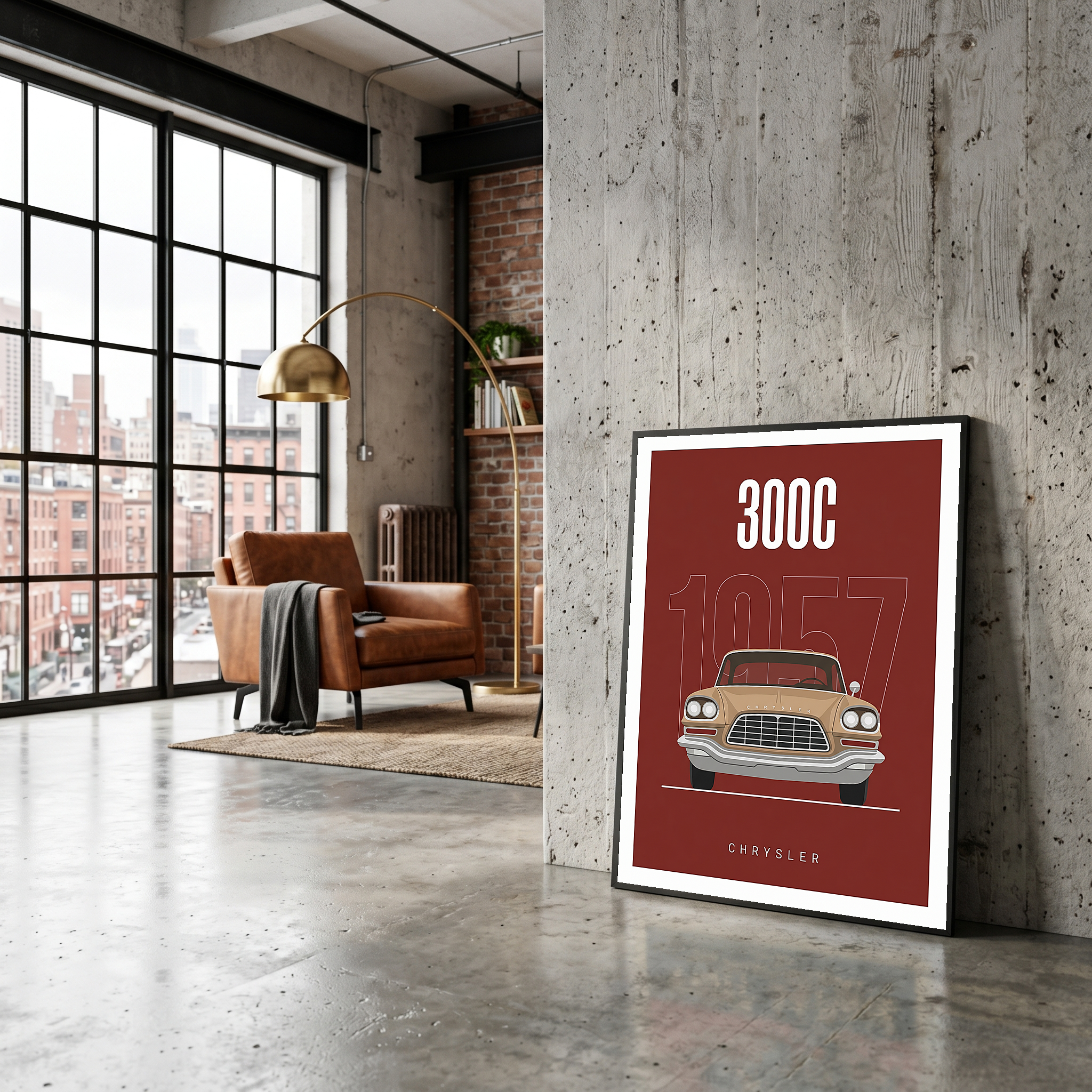 Chrysler 300C 1957 Minimalist Poster — Crimson Letter Series Line Art