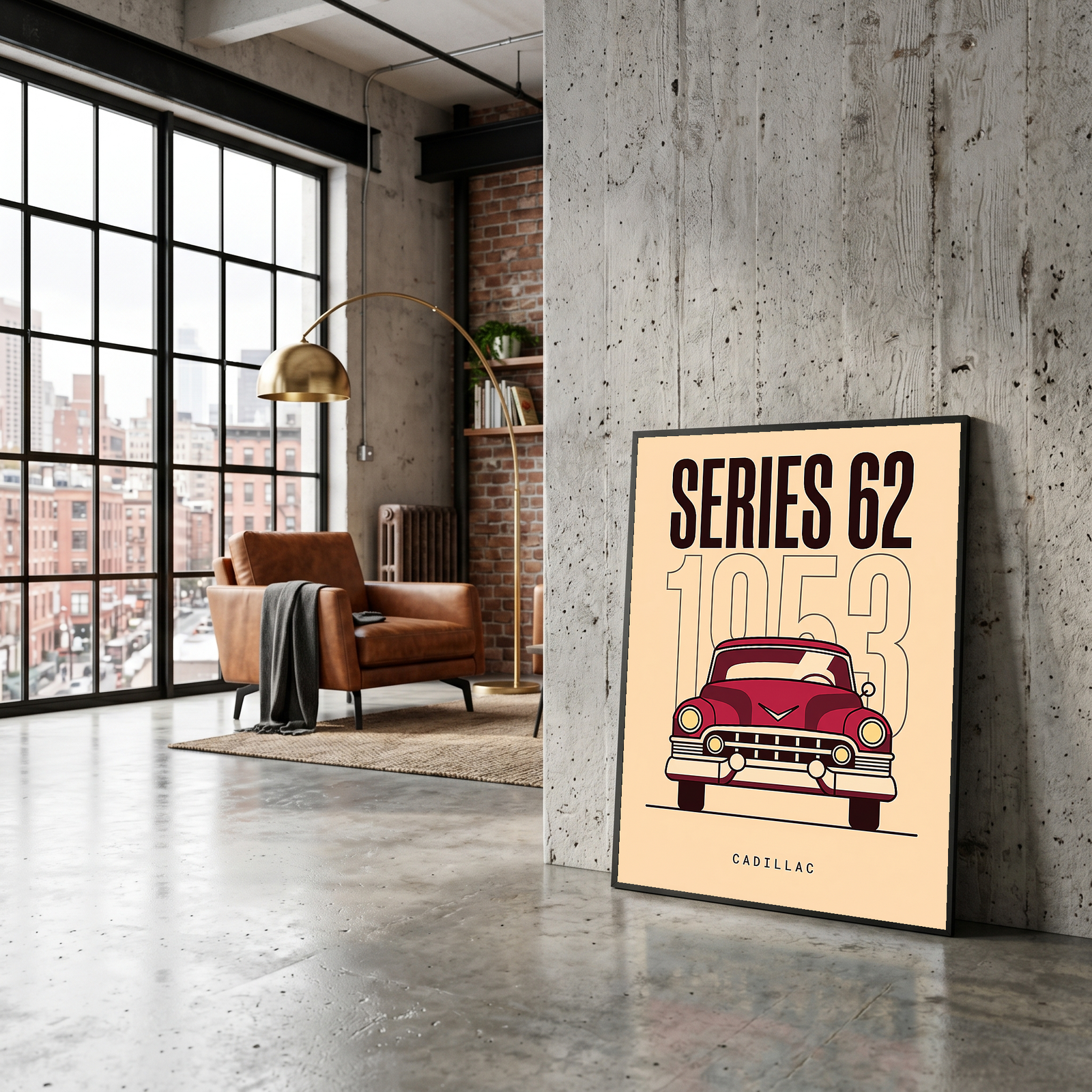 Cadillac Series 62 1953 Minimalist Poster — Cream Classic Car Line Art
