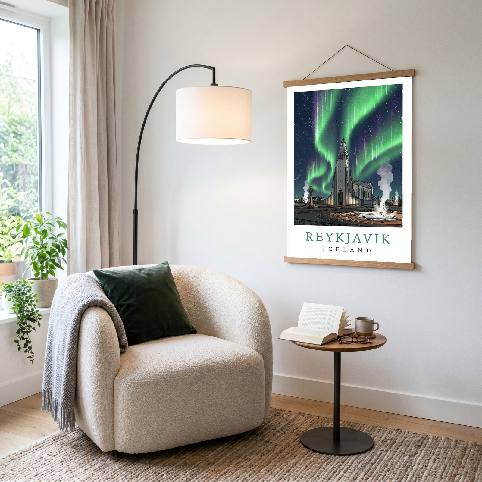 Reykjavik Iceland Travel Poster — Hallgrímskirkja Northern Lights Print