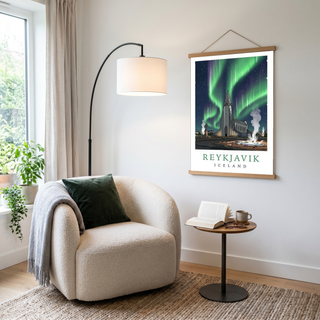 Reykjavik Iceland Travel Poster — Hallgrímskirkja Northern Lights Print