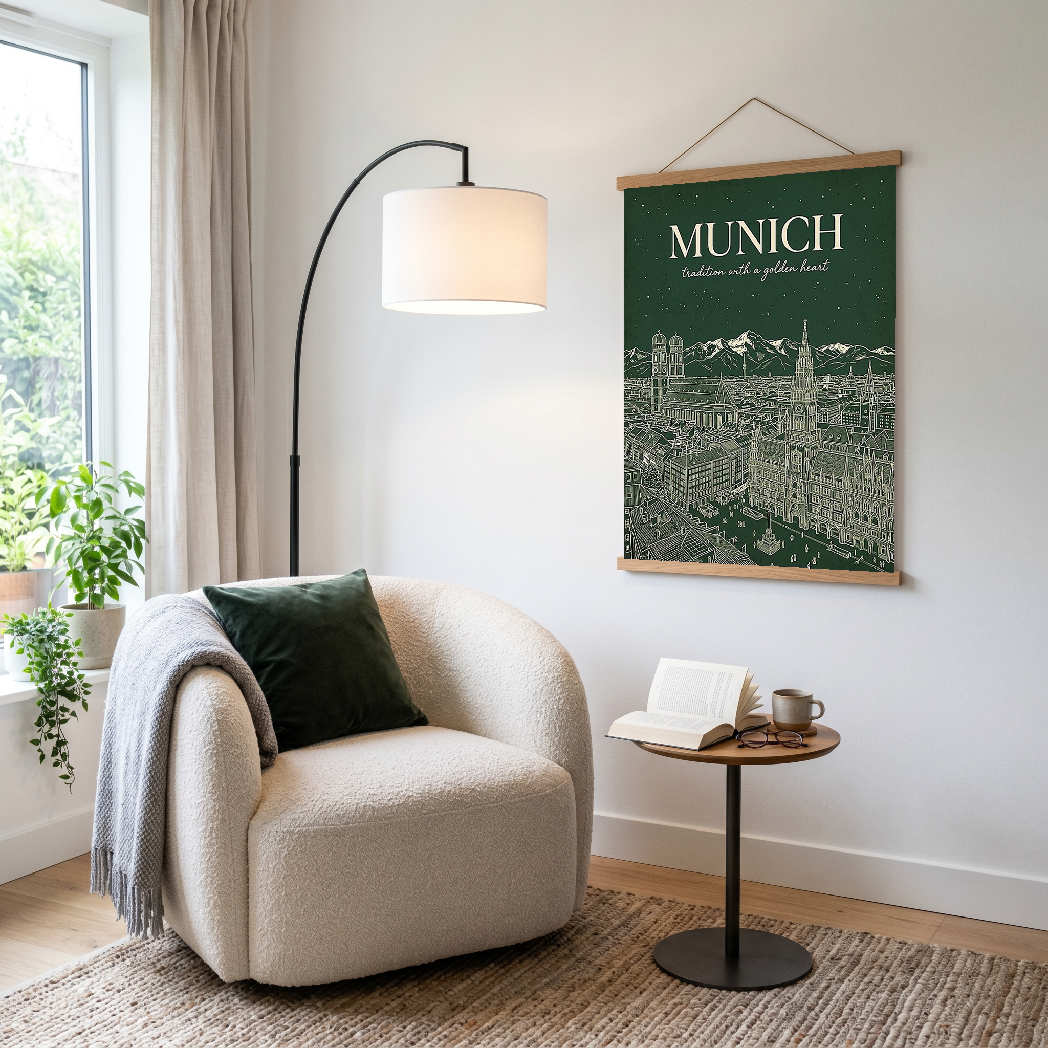 Munich Line Art Print — Forest Green Frauenkirche Marienplatz Skyline Wall Art