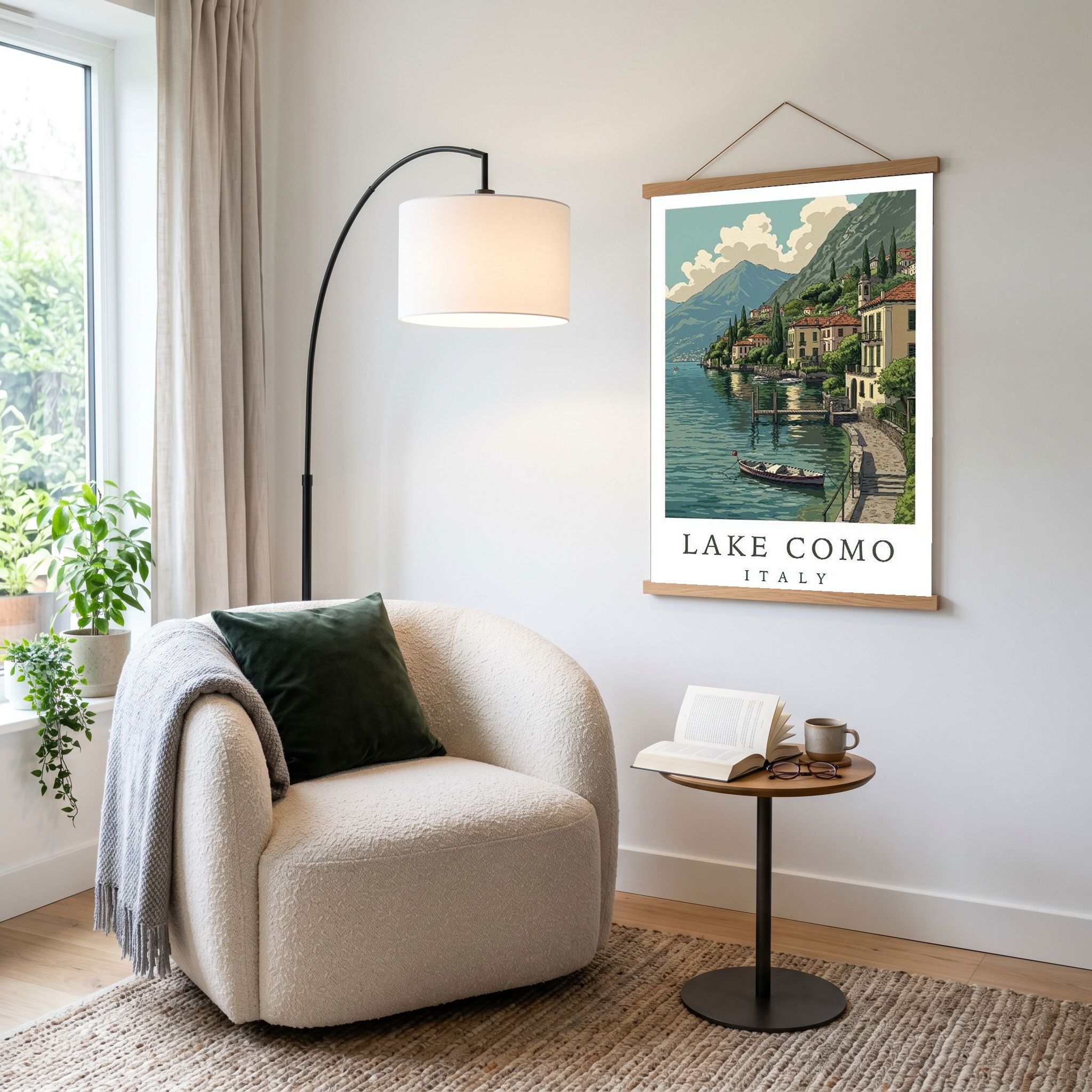 Lake Como Italy Travel Poster — Lakeside Village Boat Landscape Print