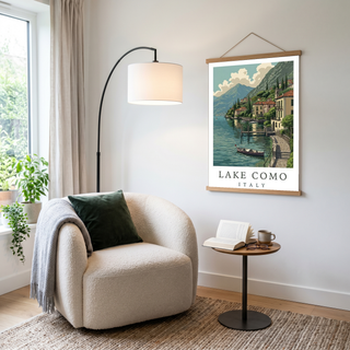 Lake Como Italy Travel Poster — Lakeside Village Boat Landscape Print