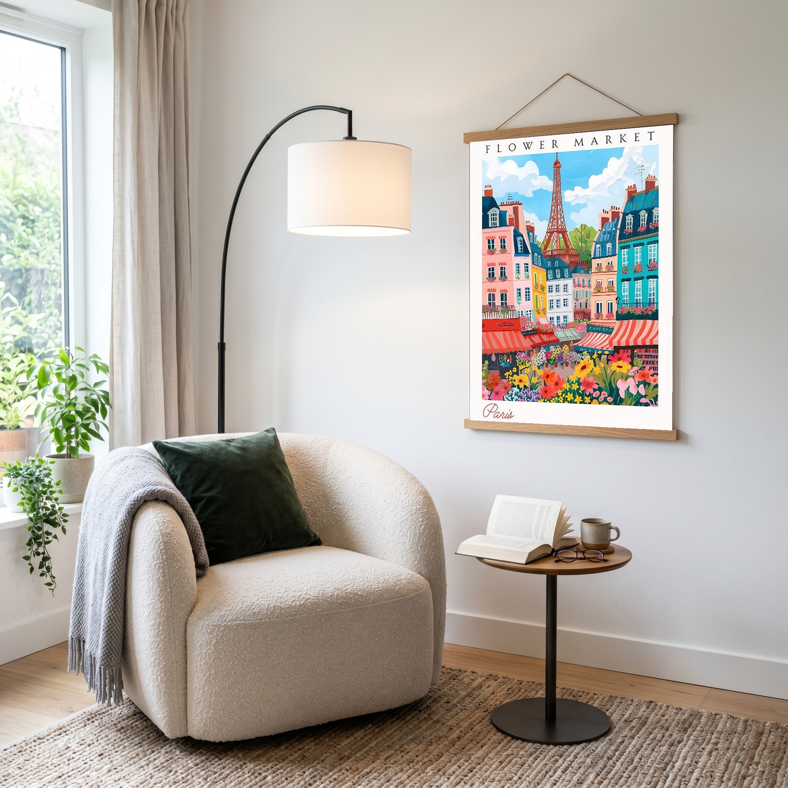 Paris Flower Market Print — Eiffel Tower Cityscape French Botanical Art