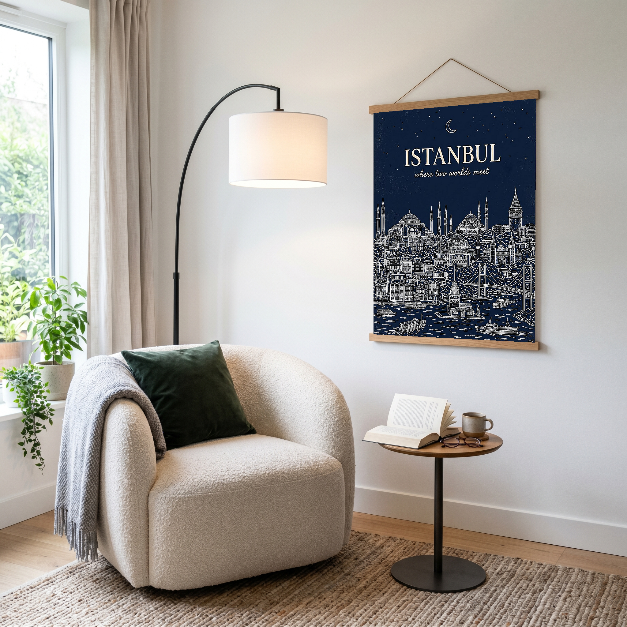 Istanbul Line Art Print — Navy Bosphorus Skyline Hagia Sophia Wall Art