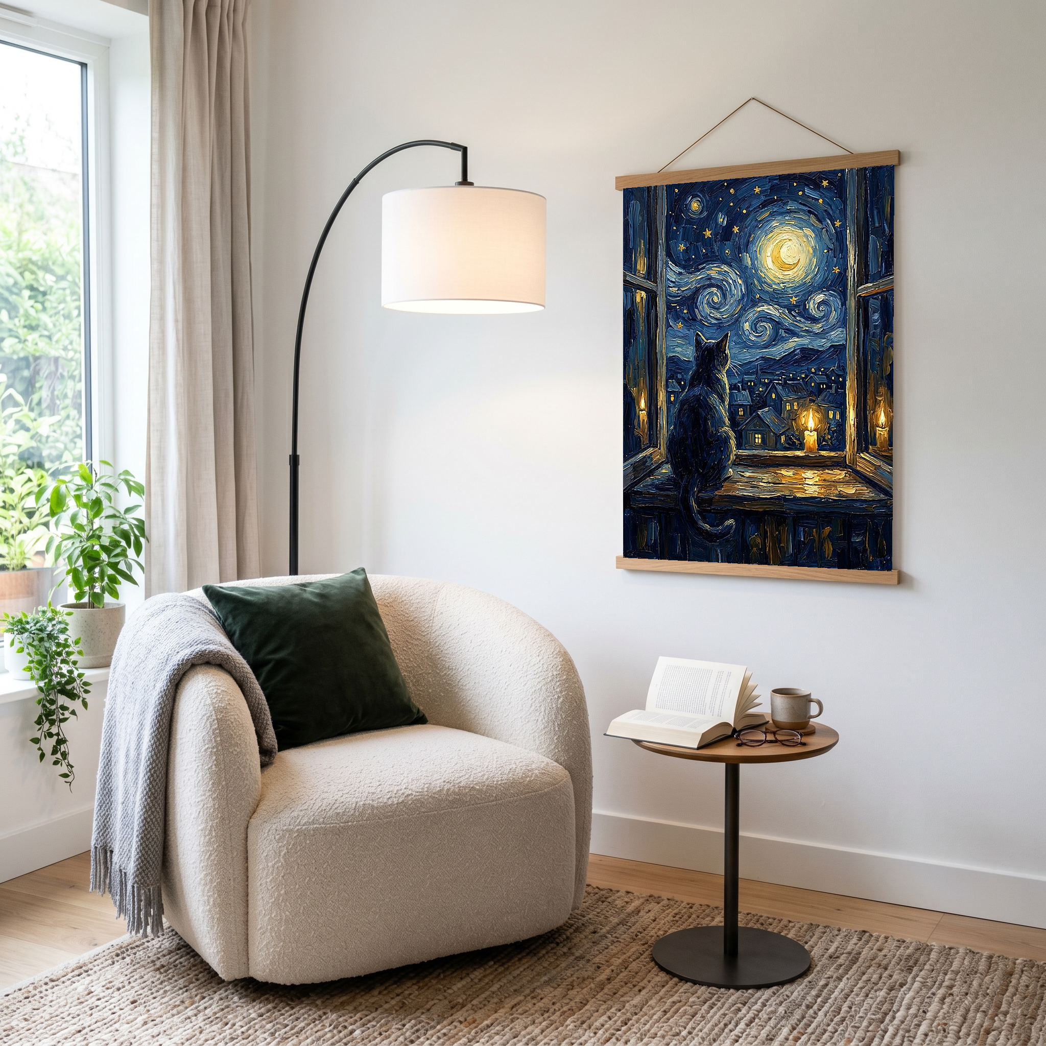 Cat at Candlelit Window Print — Van Gogh Starry Night Village Wall Art
