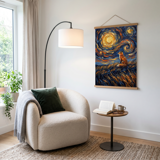 Lone Fox Starry Night Print — Van Gogh-Style Wildlife Hillside Wall Art