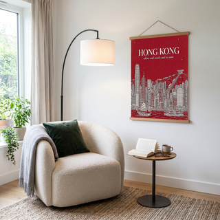 Hong Kong Line Art Print — Crimson Victoria Harbour Skyline Junk Boat Wall Art