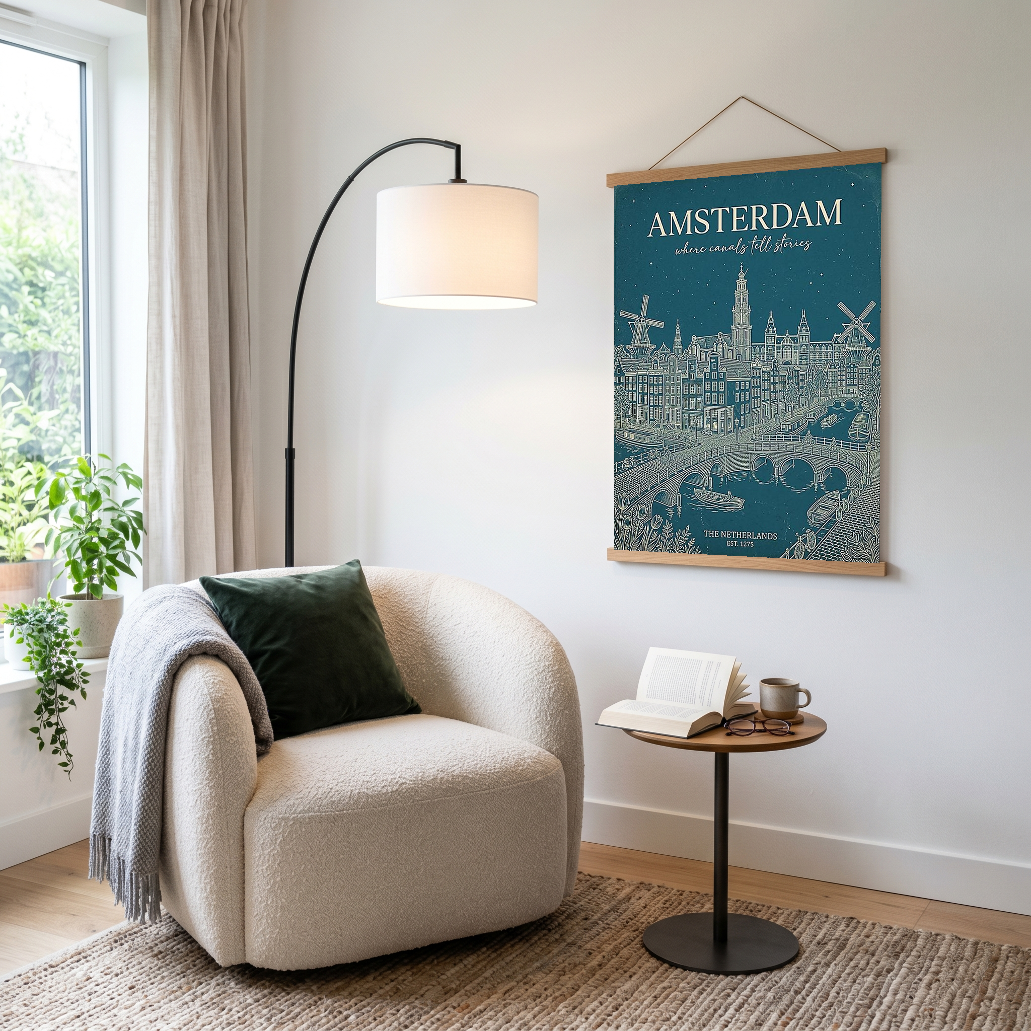 Amsterdam Line Art Print — Teal Canal Windmill Skyline Wall Art