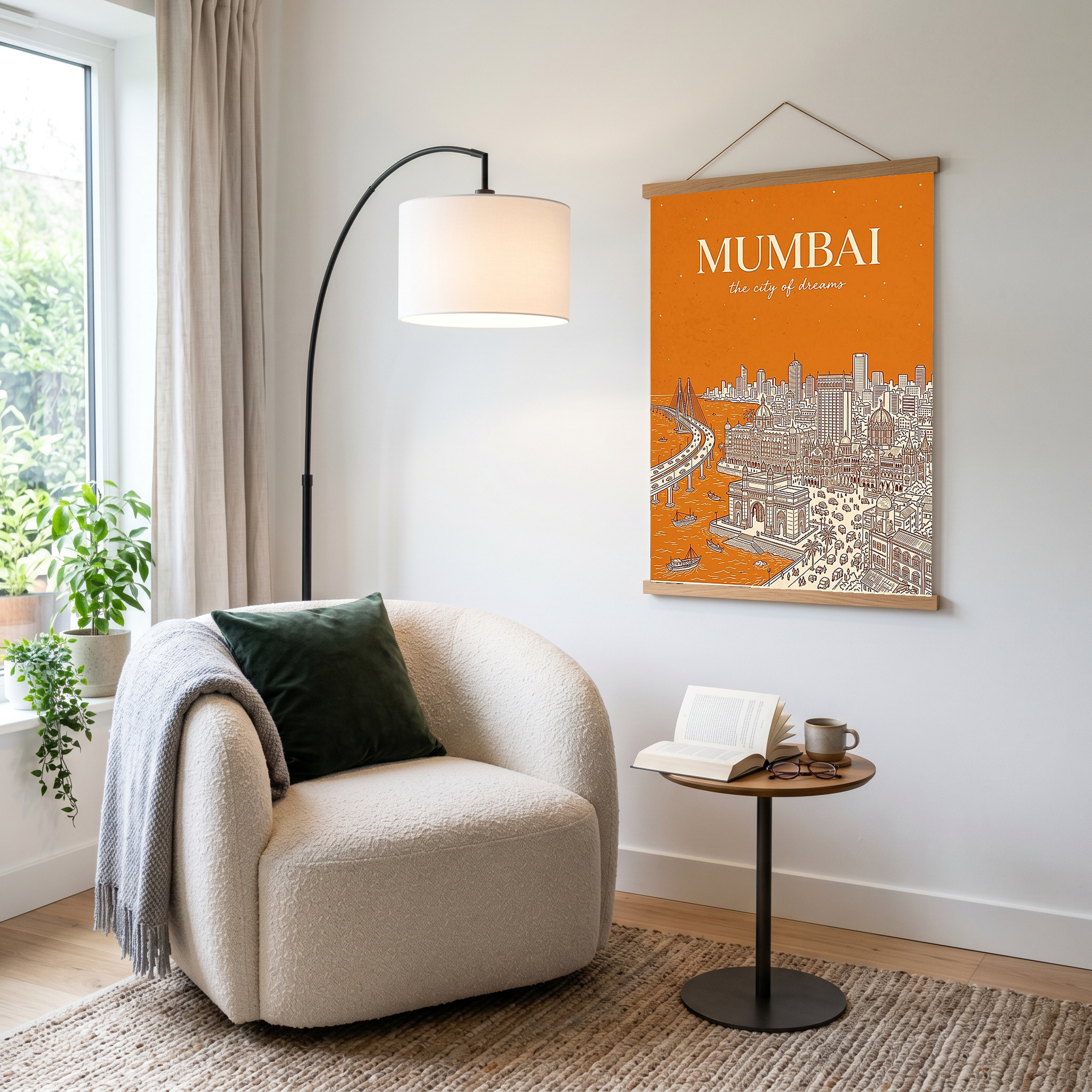 Mumbai Line Art Print — Saffron Gateway of India Marine Drive Skyline Wall Art