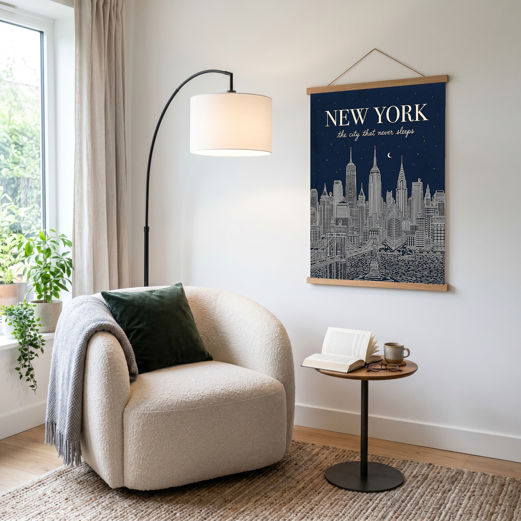 New York Line Art Print — Navy Manhattan Skyline Empire State Brooklyn Bridge Wall Art