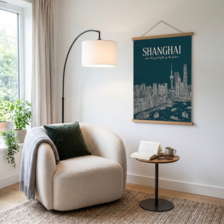 Shanghai Line Art Print — Teal Oriental Pearl Tower The Bund Skyline Wall Art