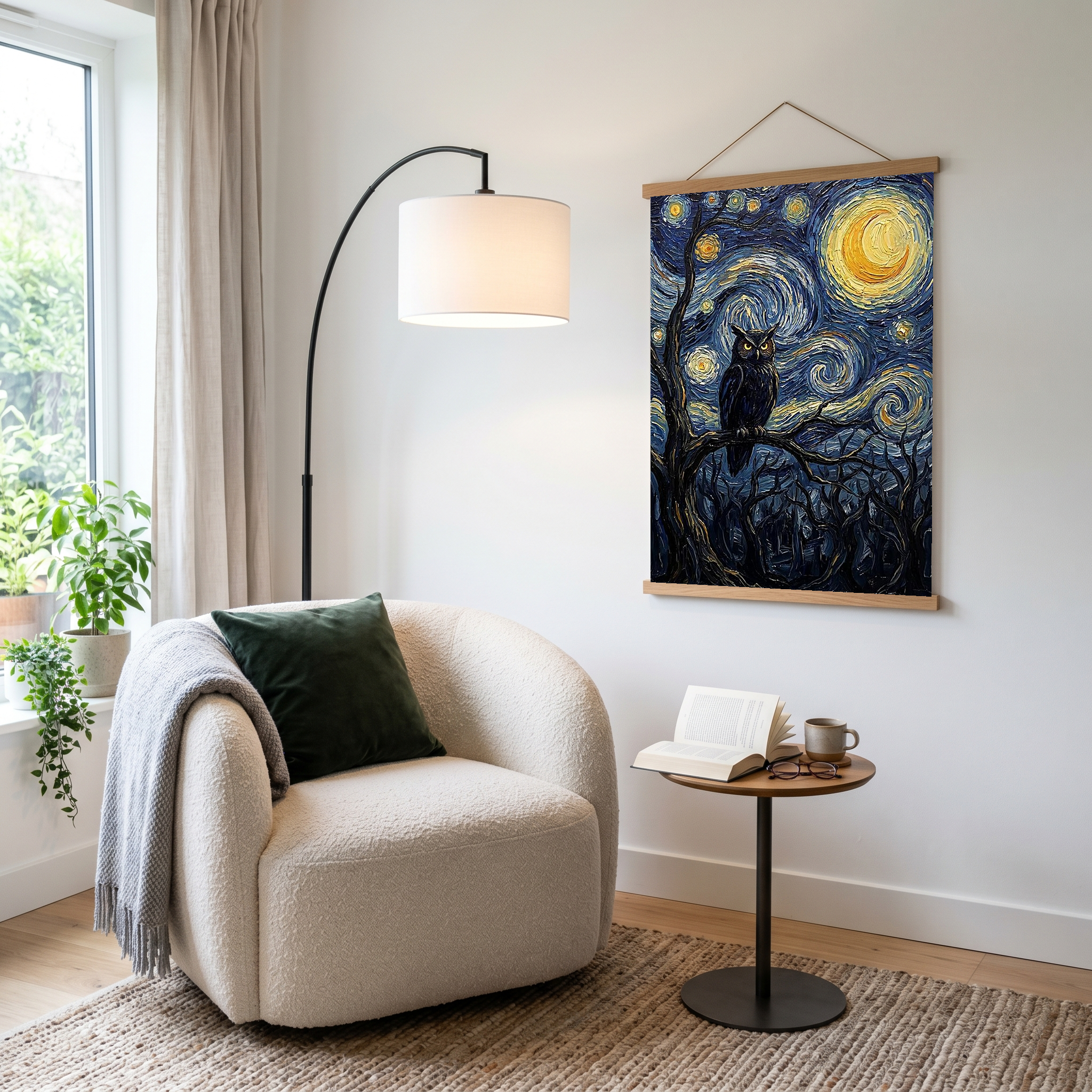 Wise Owl Starry Night Print — Van Gogh-Style Mystical Forest Wall Art