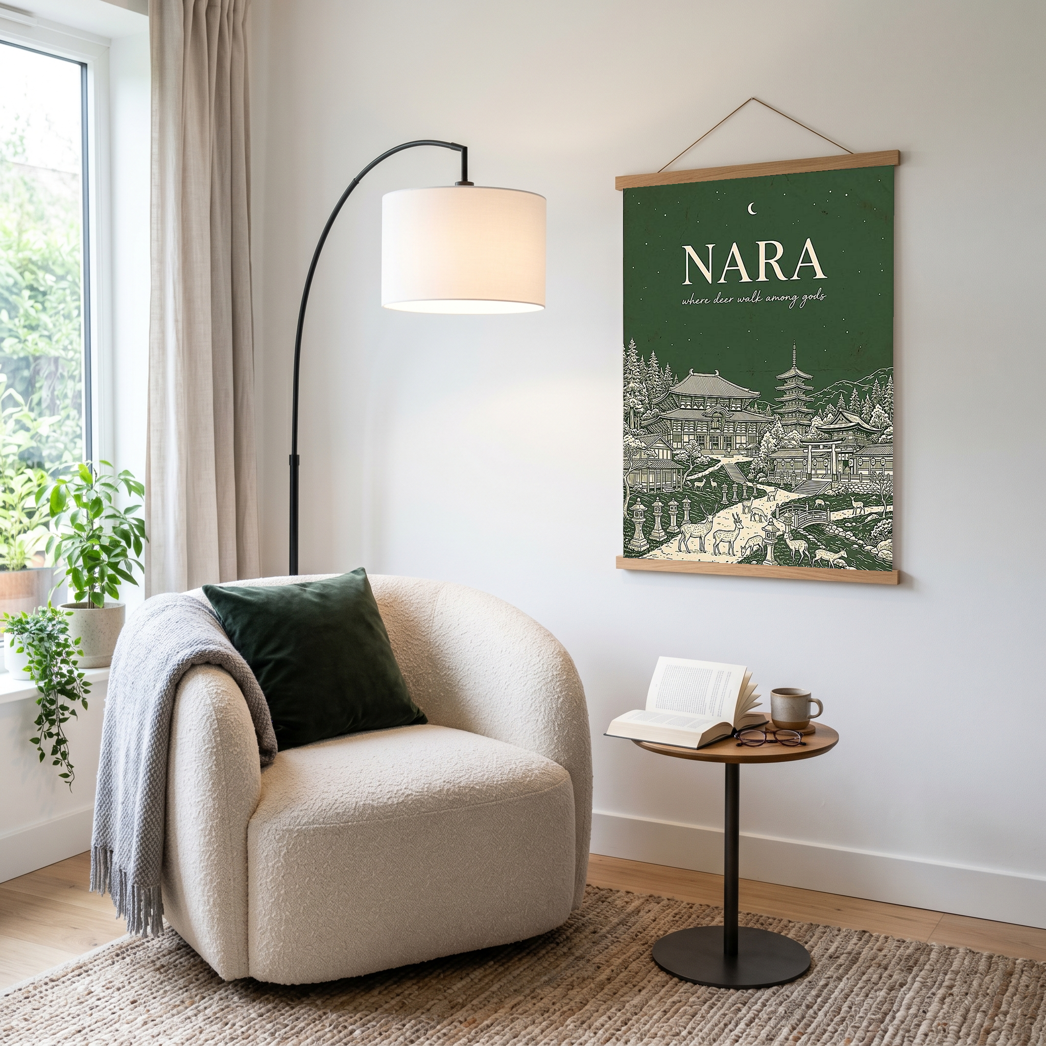 Nara Line Art Print — Forest Green Tōdai-ji Temple Pagoda Deer Wall Art