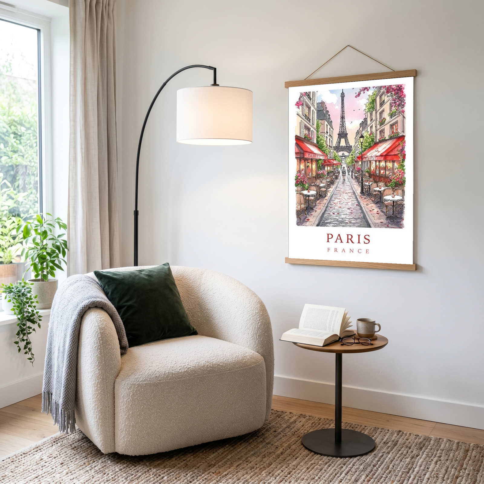 Paris France Travel Poster — Eiffel Tower Street Cafe Print