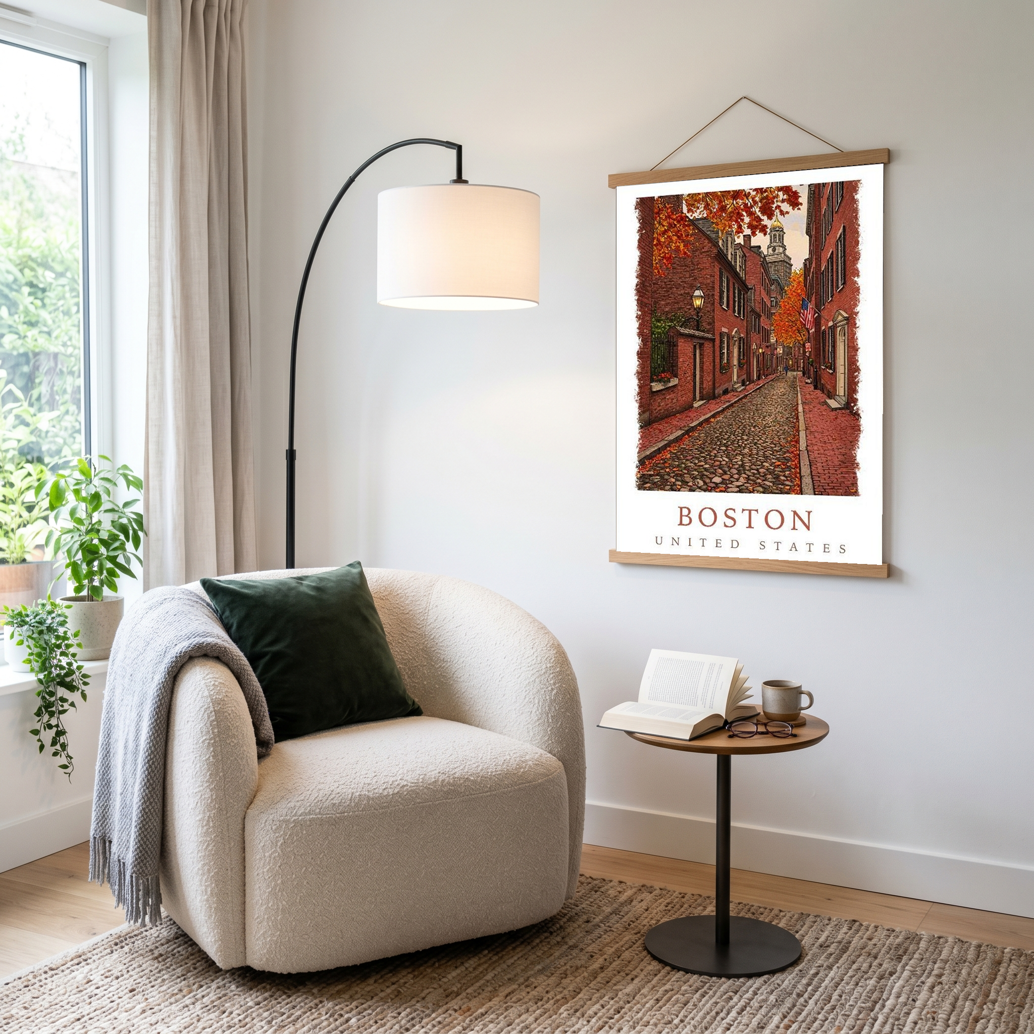 Boston USA Travel Poster — Acorn Street Beacon Hill Fall Foliage Print