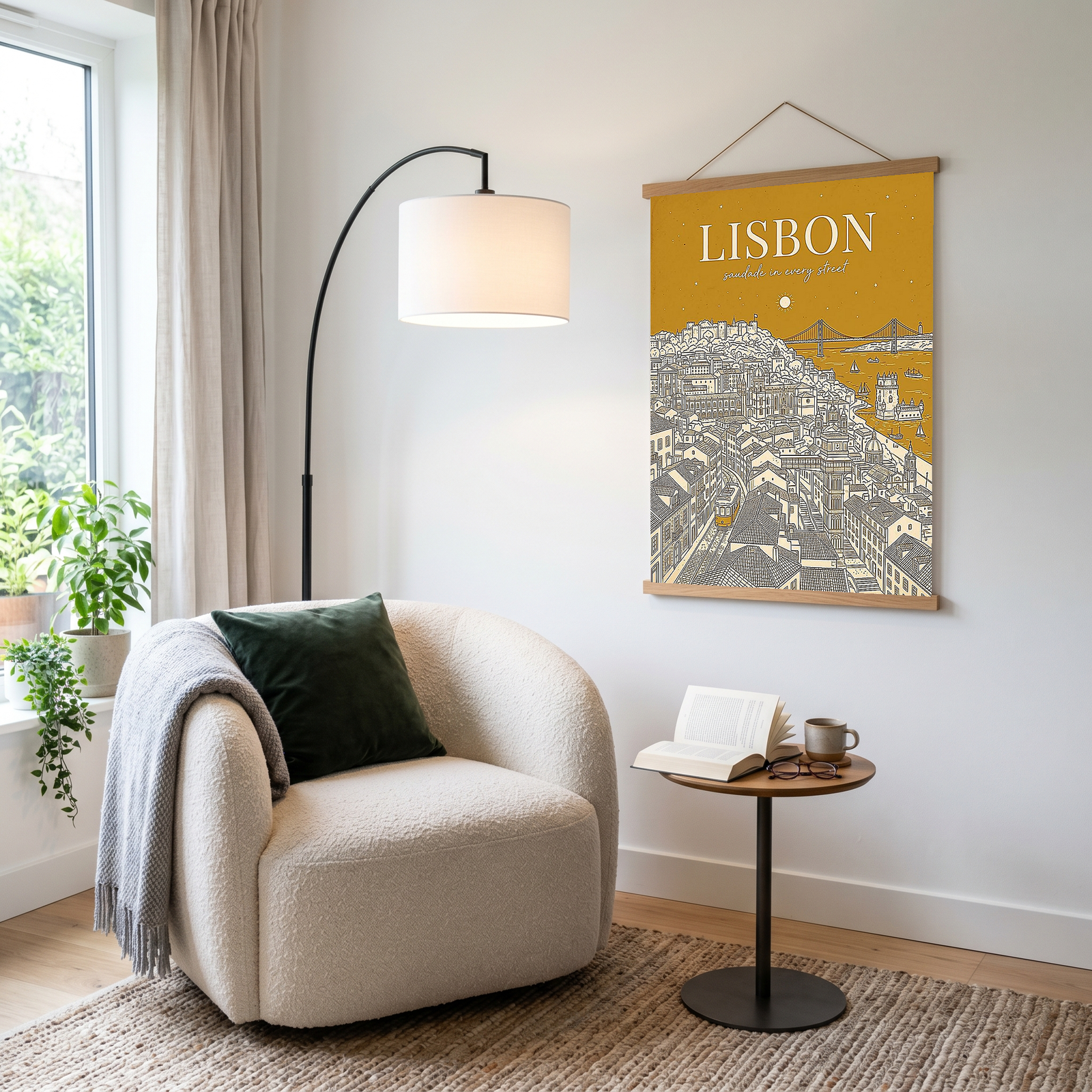 Lisbon Line Art Print — Mustard Yellow Tram Belém Tower Skyline Wall Art