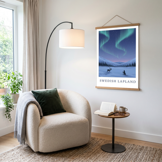 Swedish Lapland Travel Poster — Northern Lights Reindeer Sami Print