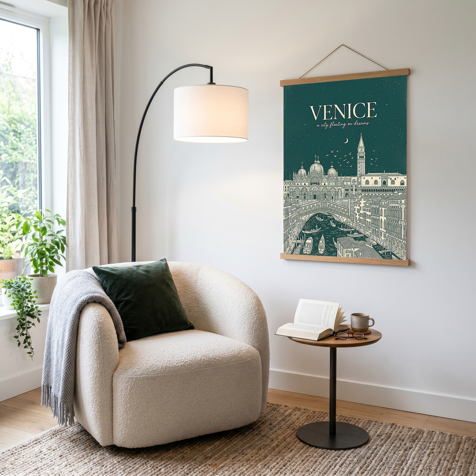 Venice Line Art Print — Forest Green St. Mark's Basilica Rialto Bridge Wall Art