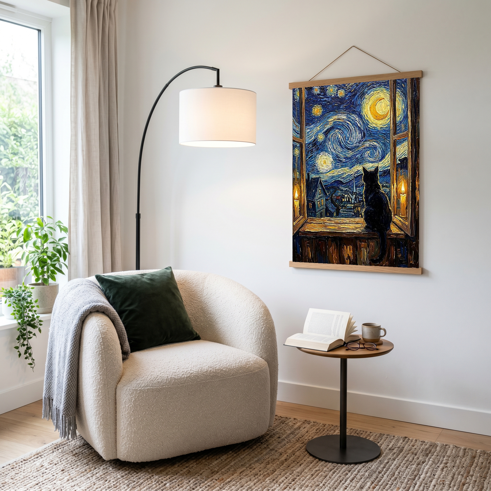 Black Cat Window Print — Van Gogh Starry Night Cozy Cottage Wall Art