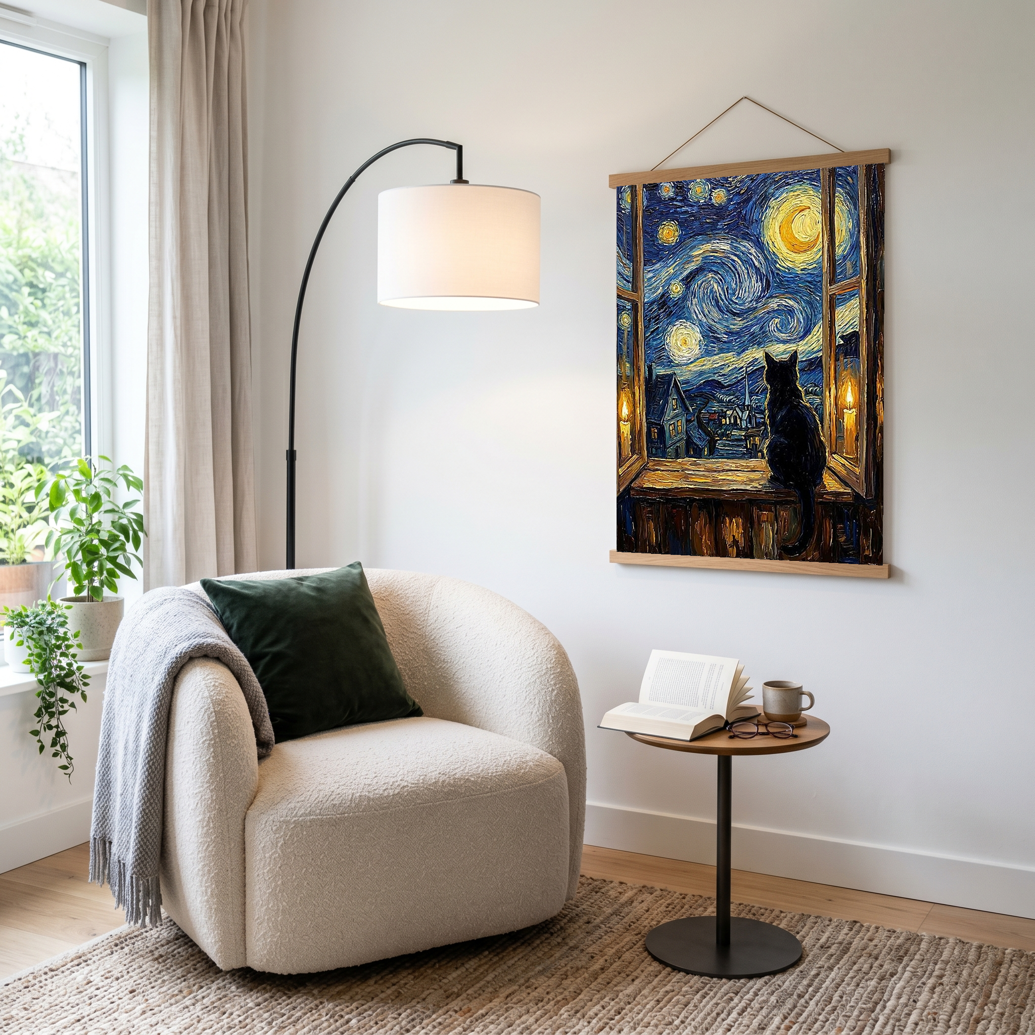 Black Cat Window Print — Van Gogh Starry Night Cozy Cottage Wall Art
