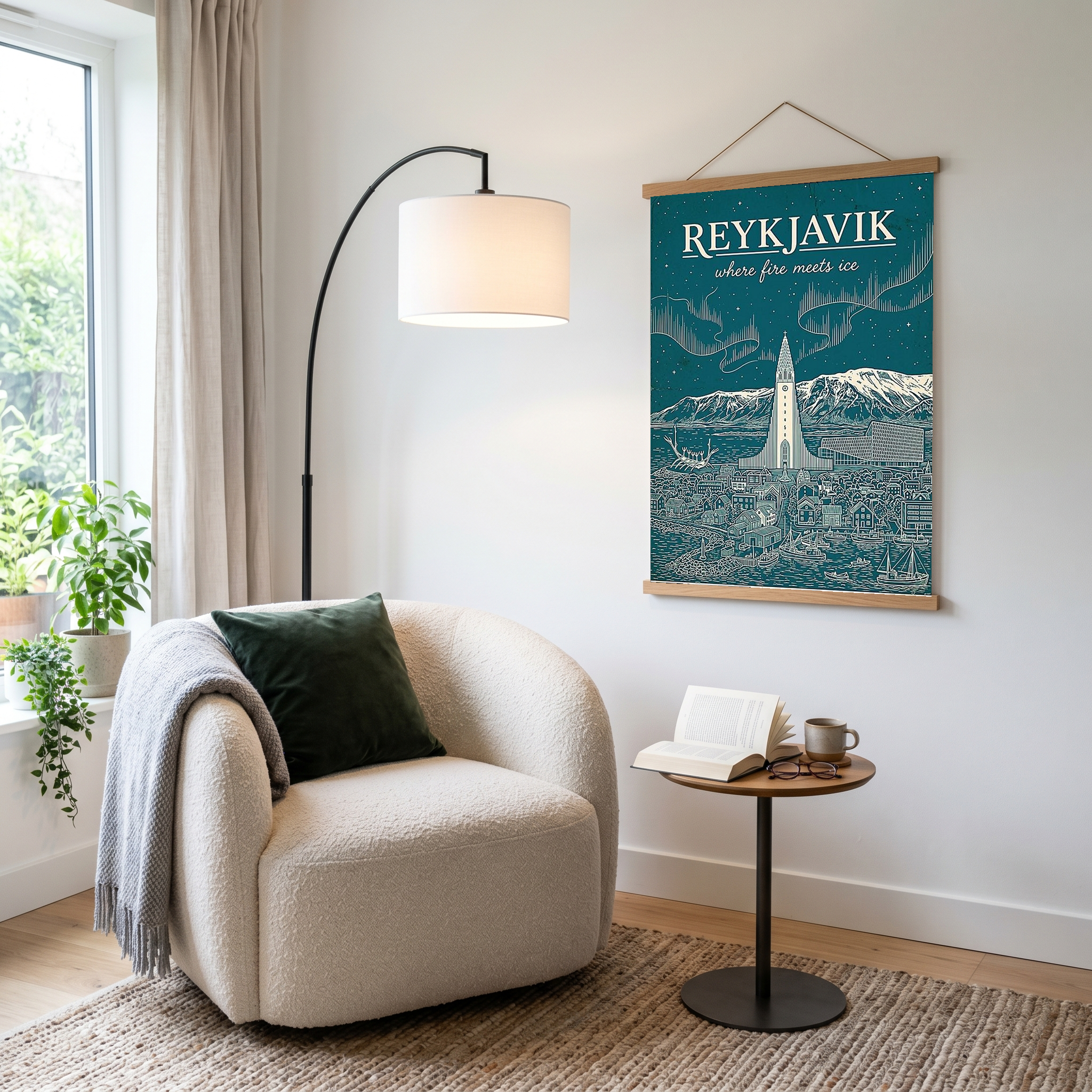 Reykjavik Line Art Print — Teal Hallgrímskirkja Aurora Skyline Wall Art