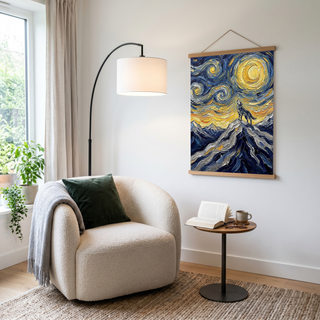 Lone Wolf Howling Mountain Peak Print — Van Gogh Starry Night Wall Art