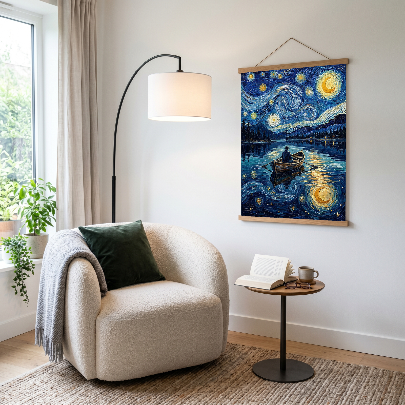 Moonlit Lake Rowboat Print — Van Gogh-Style Night Fishing Cabin Wall Art