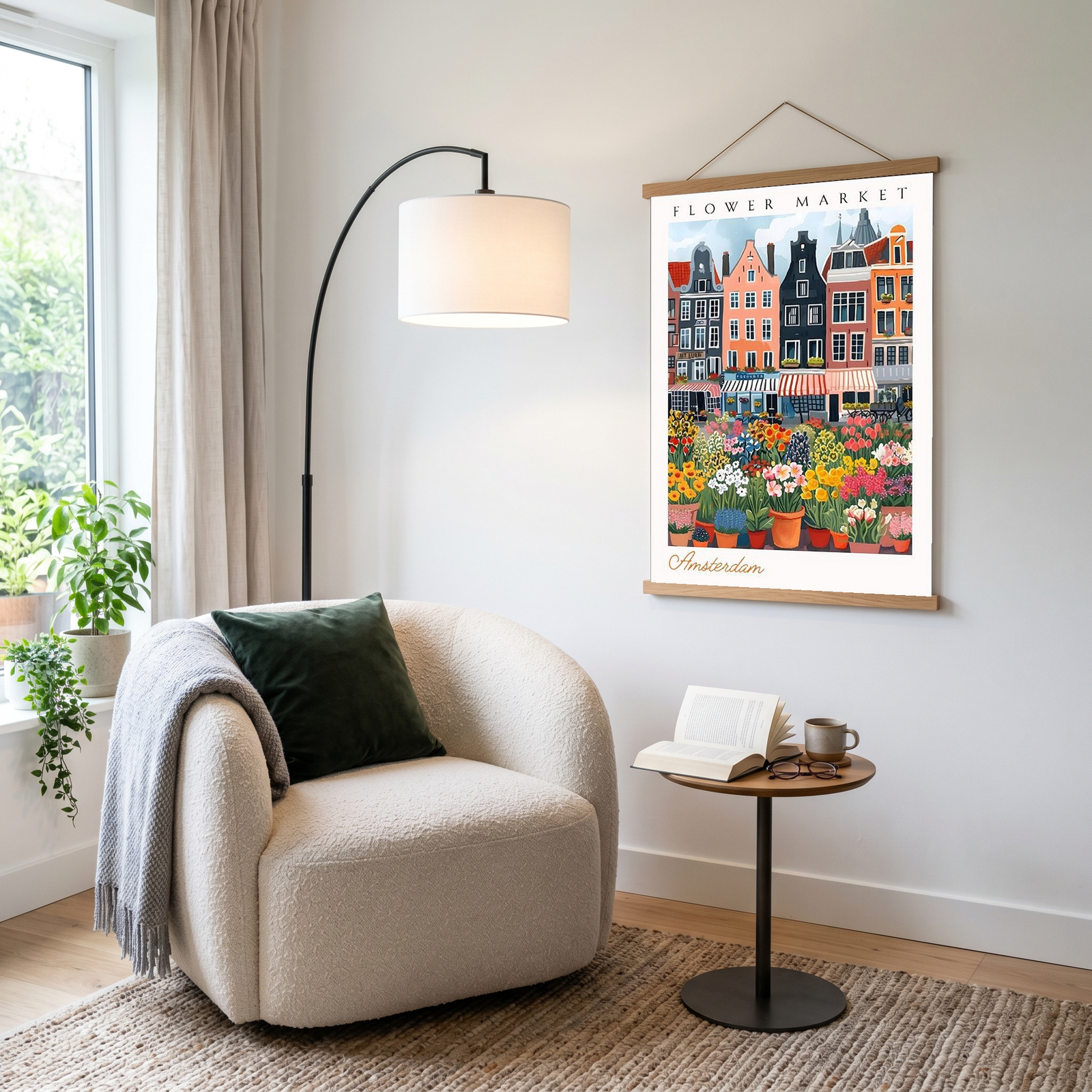 Amsterdam Flower Market Print — Canal Houses Tulip Cityscape Art