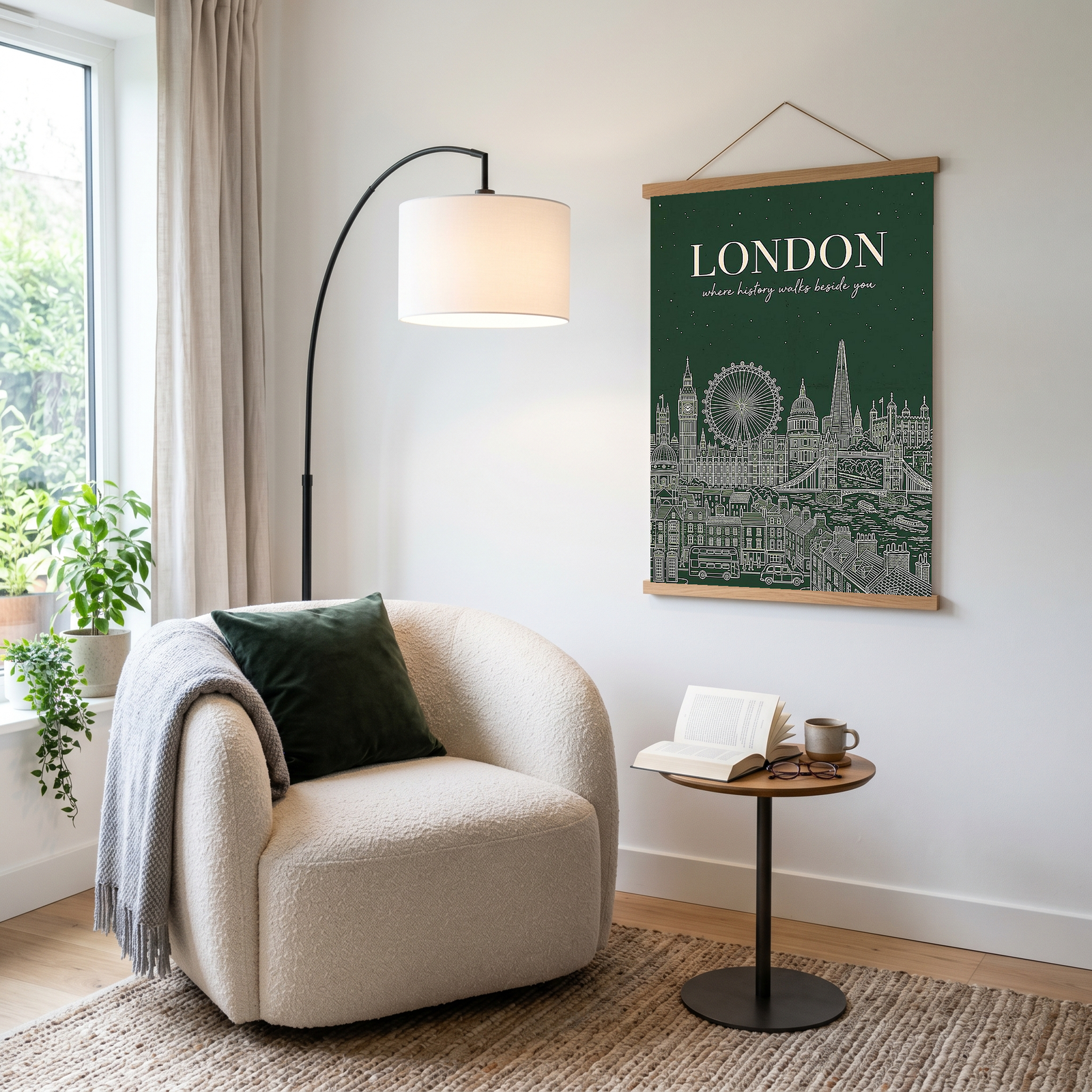 London Line Art Print — Forest Green Big Ben London Eye Skyline Wall Art