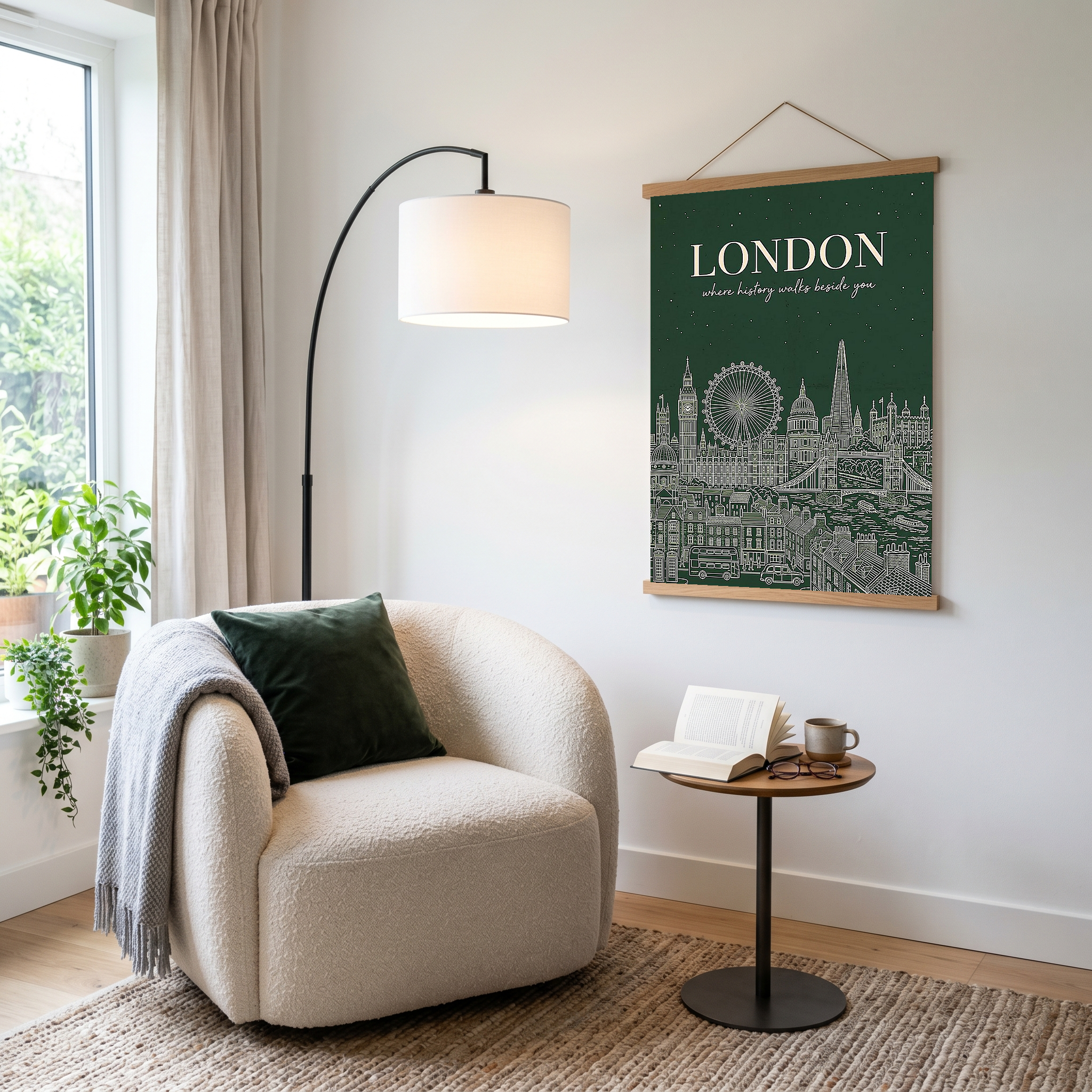 London Line Art Print — Forest Green Big Ben London Eye Skyline Wall Art