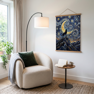 Black Wolf Howling Crescent Moon Print — Van Gogh-Style Mountain Wall Art