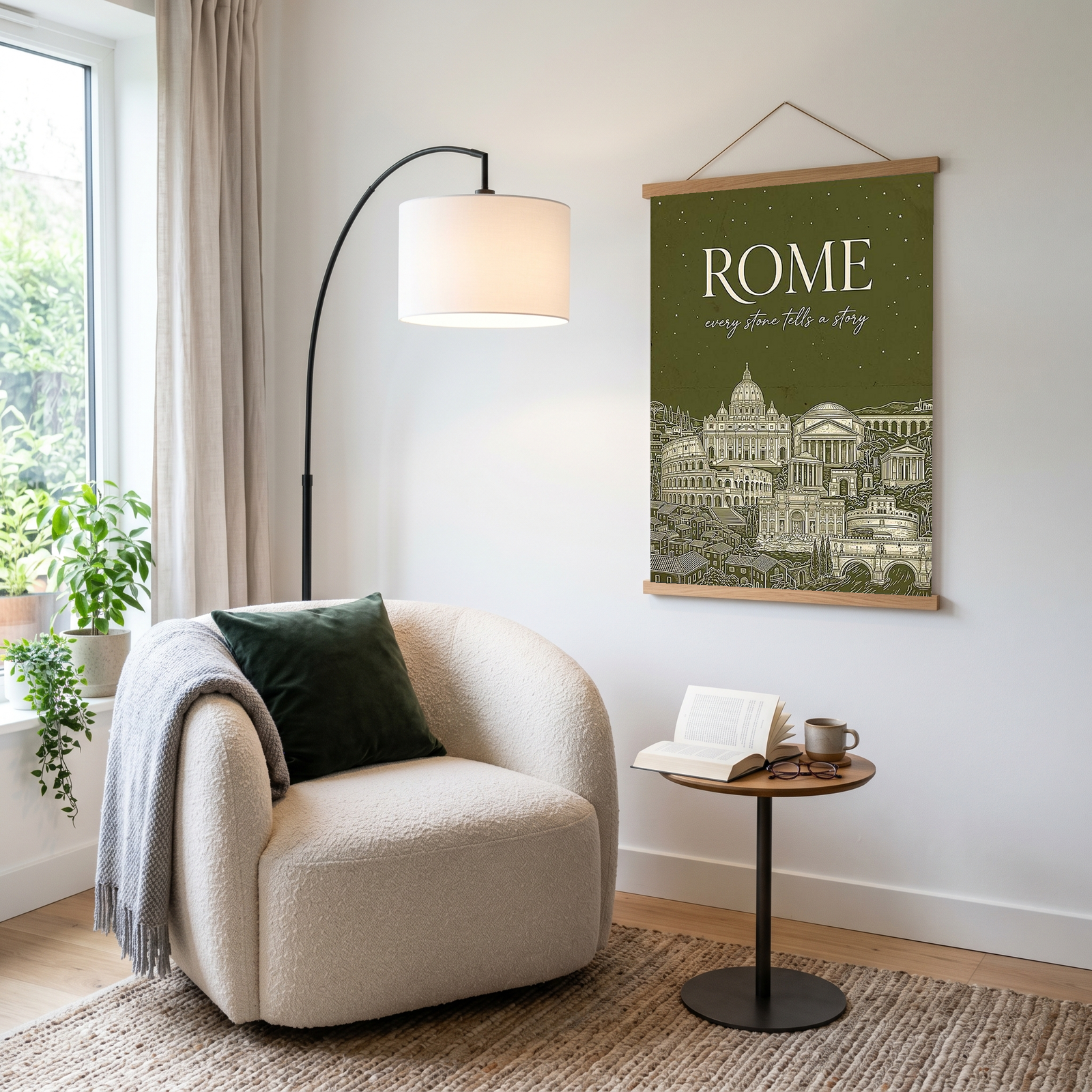 Rome Line Art Print — Olive Green Colosseum Vatican Skyline Wall Art