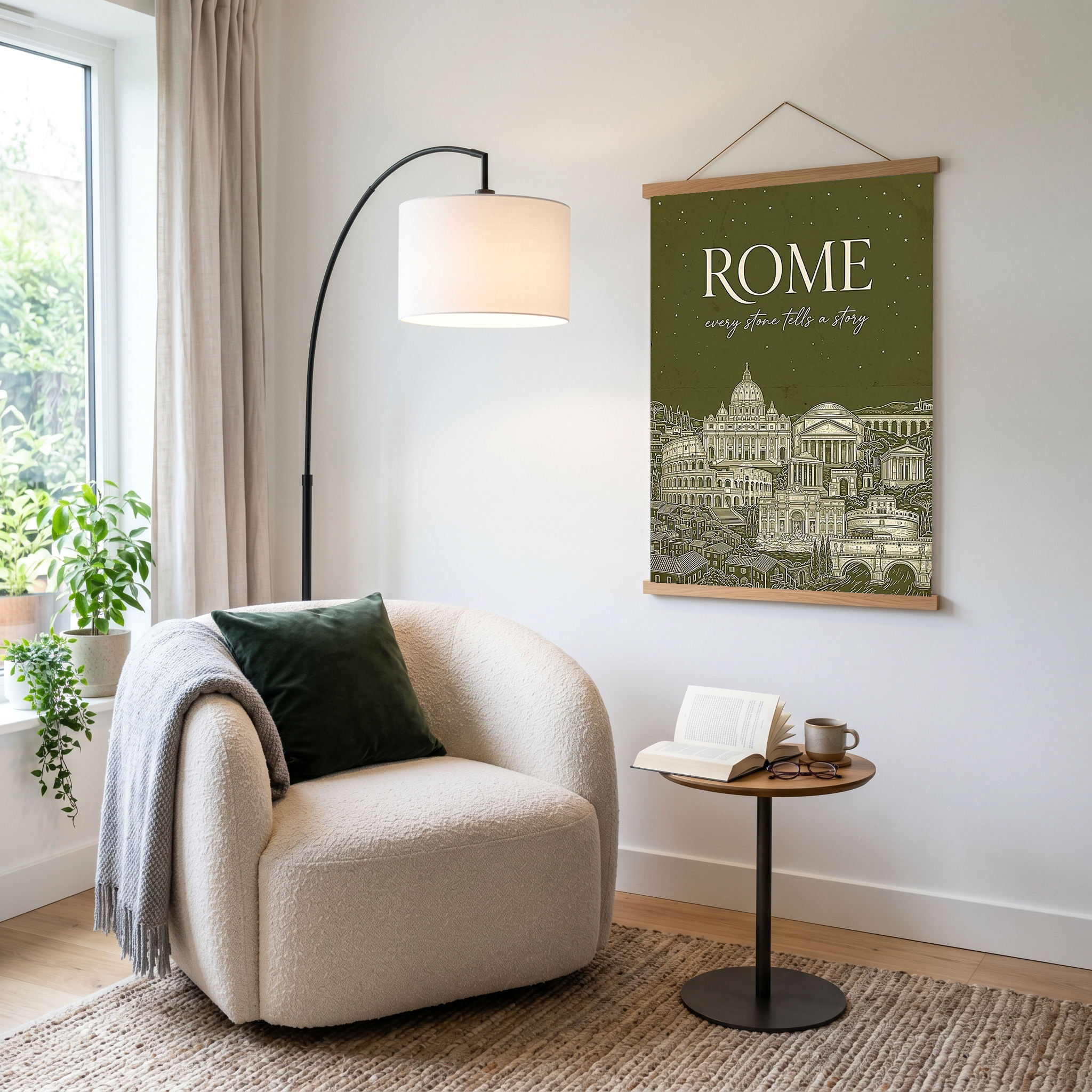 Rome Line Art Print — Olive Green Colosseum Vatican Skyline Wall Art